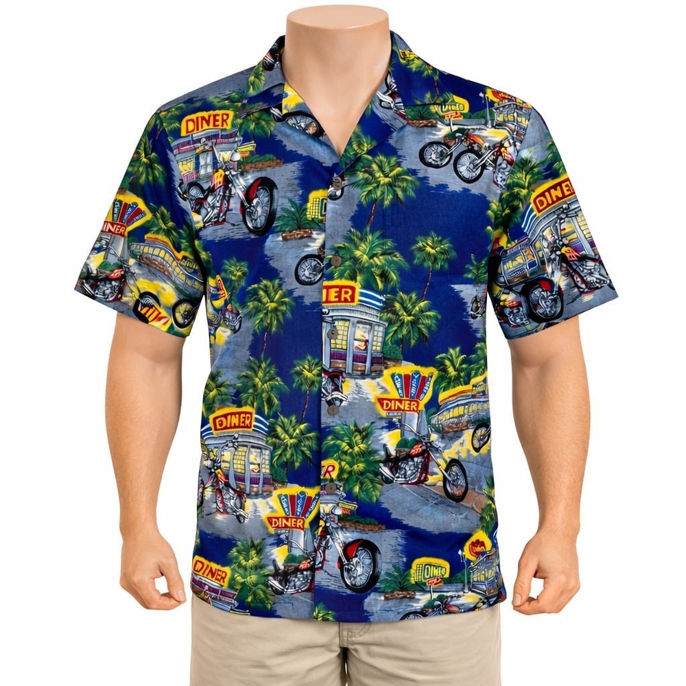 Pacific Legend Hawaiian Aloha Shirt Medium Motorcycles Diner Palm Trees‎